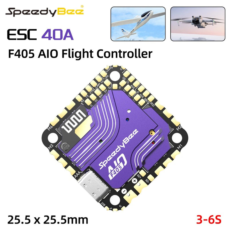 SpeedyBaa F405 AIO flight controller board, purple PCB with solder pads and markings