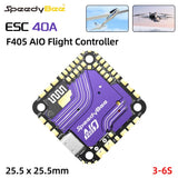 SpeedyBaa F405 AIO flight controller board, purple PCB with solder pads and markings