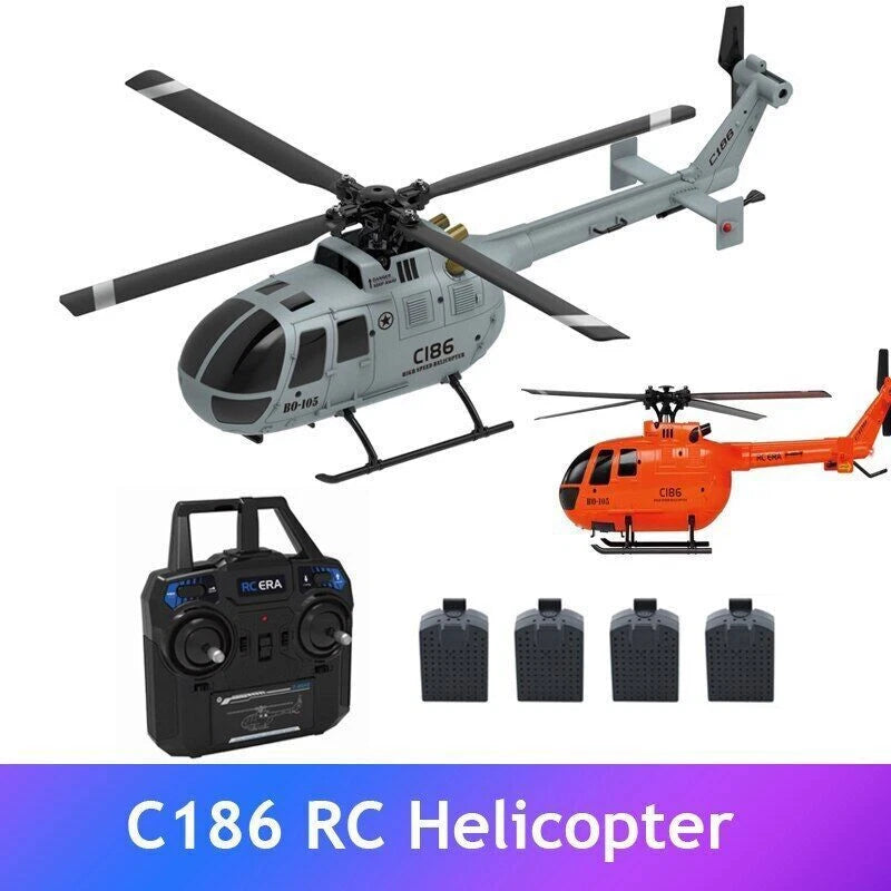 RC 6-axis helicopter drone set with gray and orange helicopters, controller, and 4 batteries