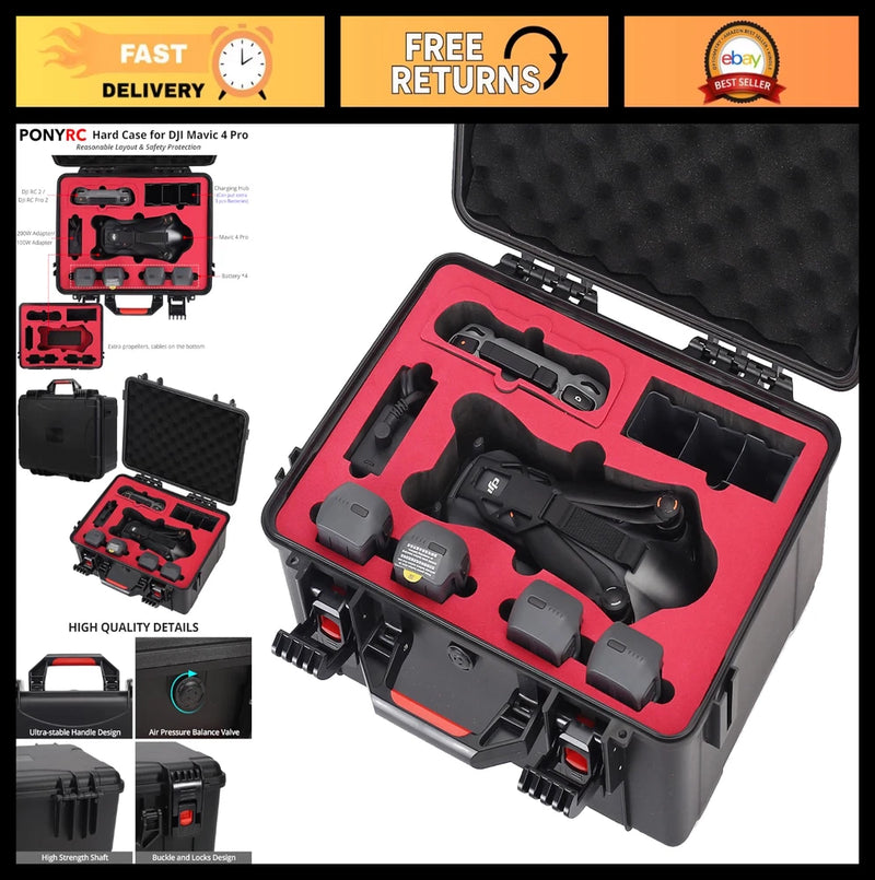 Hard shell drone case, gray exterior with red foam insert and compartments