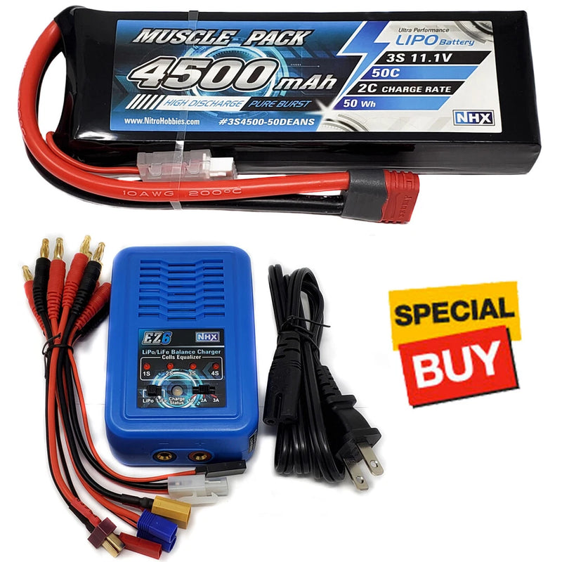 NHX Muscle Pack 3S 11.1V 4500mAh 50C Lipo Battery w/ DEANS Plug / EZ6 Charger Battery
