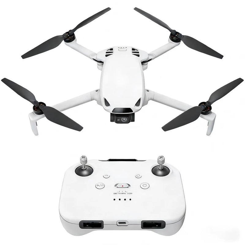 White quadcopter mini drone with four propellers and white remote controller, front view