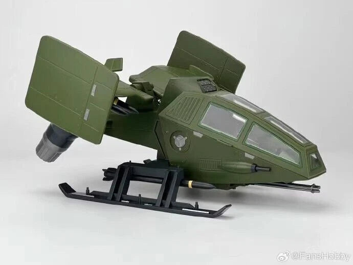 Olive green military toy airplane with cockpit window and landing gear, front view
