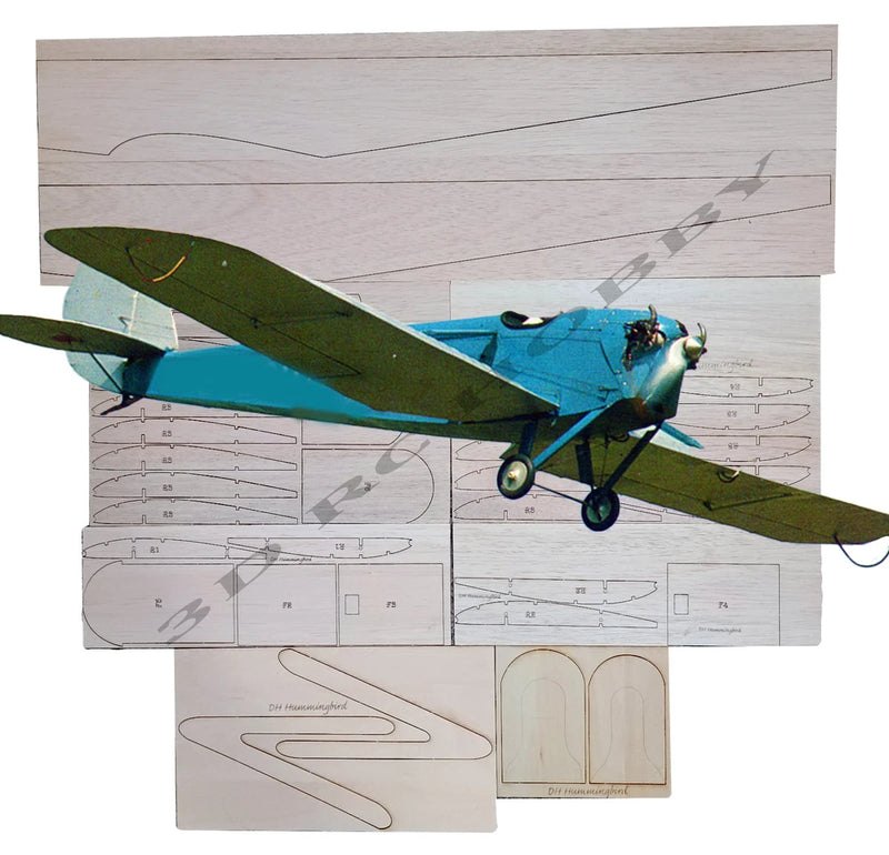 RC airplane model kit with blue and green laser-cut balsa parts and plan sheets