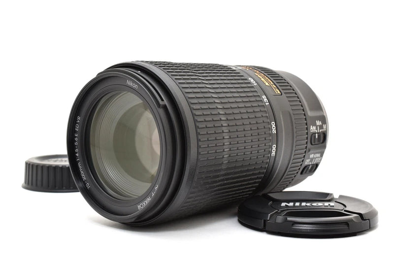 Nikon AF-P 70-300mm VR zoom lens with front glass and rear cap