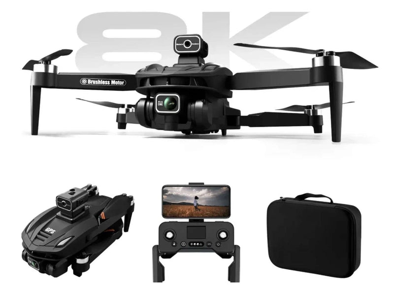 GPS drone with camera, black quadcopter with front camera, remote controller, carry case