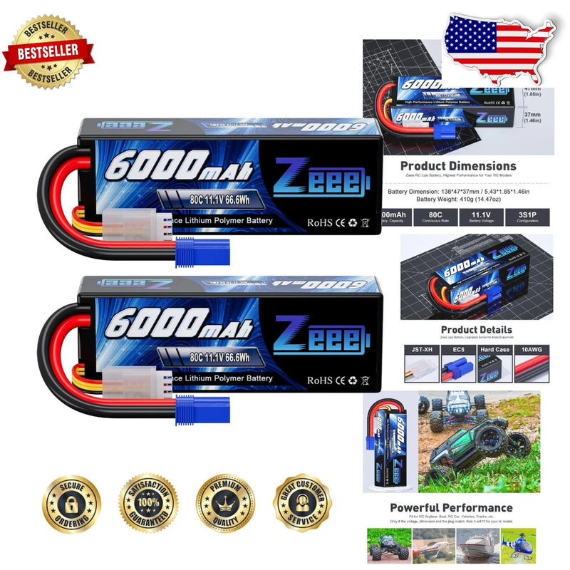 Power 1/8 1/10 RC Vehicles: 2x 11.1V 6000mAh 80C Lipo Battery EC5 Battery