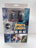 Sports action camera retail box with front camera image and 1080P 30FPS icons