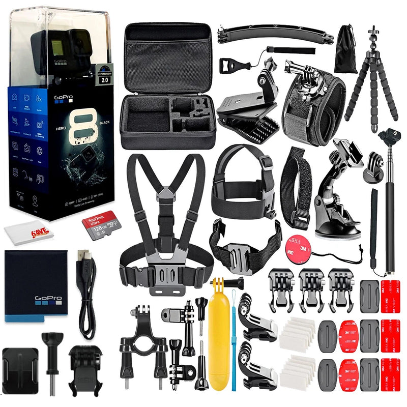 GoPro HERO8 Black action camera with waterproof accessories and mounts in kit