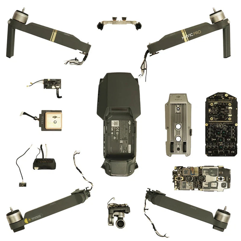 DJI Mavic Pro drone repair replacement parts set with arms, battery, cables, and circuit boards