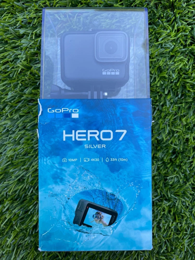 GoPro HERO7 Silver action camera retail box with camera window and HERO7 text
