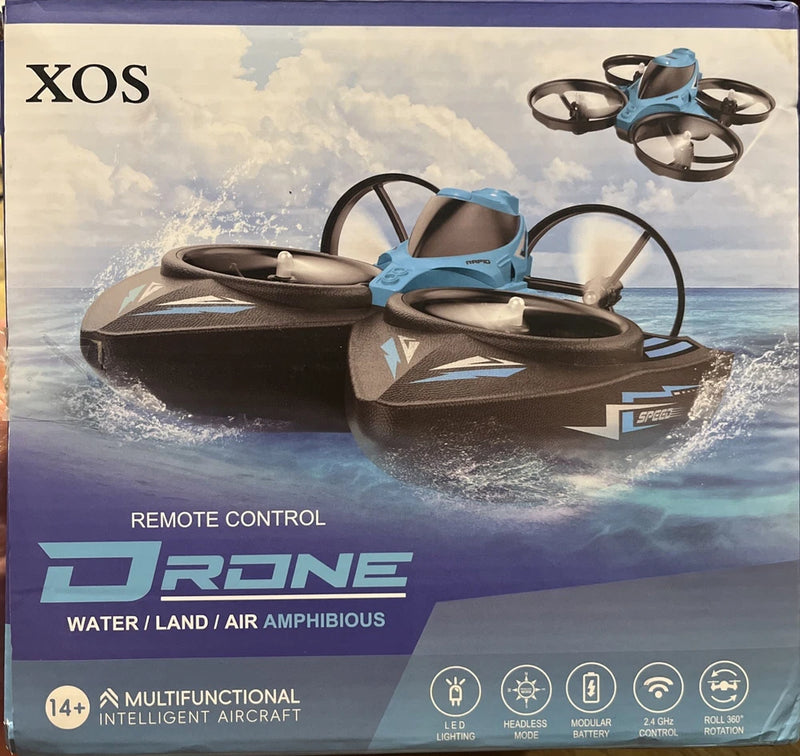 Remote control 3-in-1 amphibious drone box with illustrated quadcopter and lights
