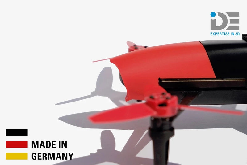 Red plastic hood front of Parrot Bebop drone with visible propellers