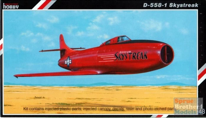 1:48 aircraft model kit box art with red Skystreak jet illustration, D-558-1
