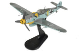 Hobby Master 1/48 Bf 109G model aircraft on black display stand, camouflage gray and green
