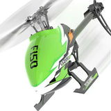 Green and black RC helicopter model with metal frame and landing skids
