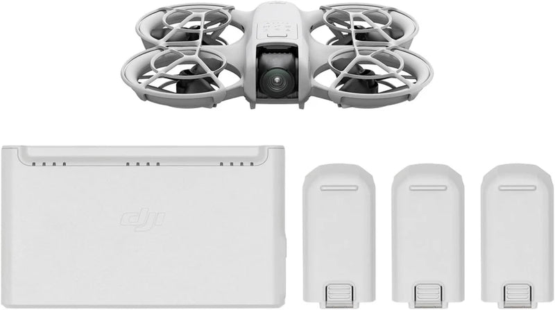 White mini drone with 4K camera, plus three battery packs