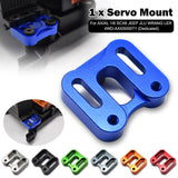 Blue aluminum steering servo mount bracket with mounting holes for RC car