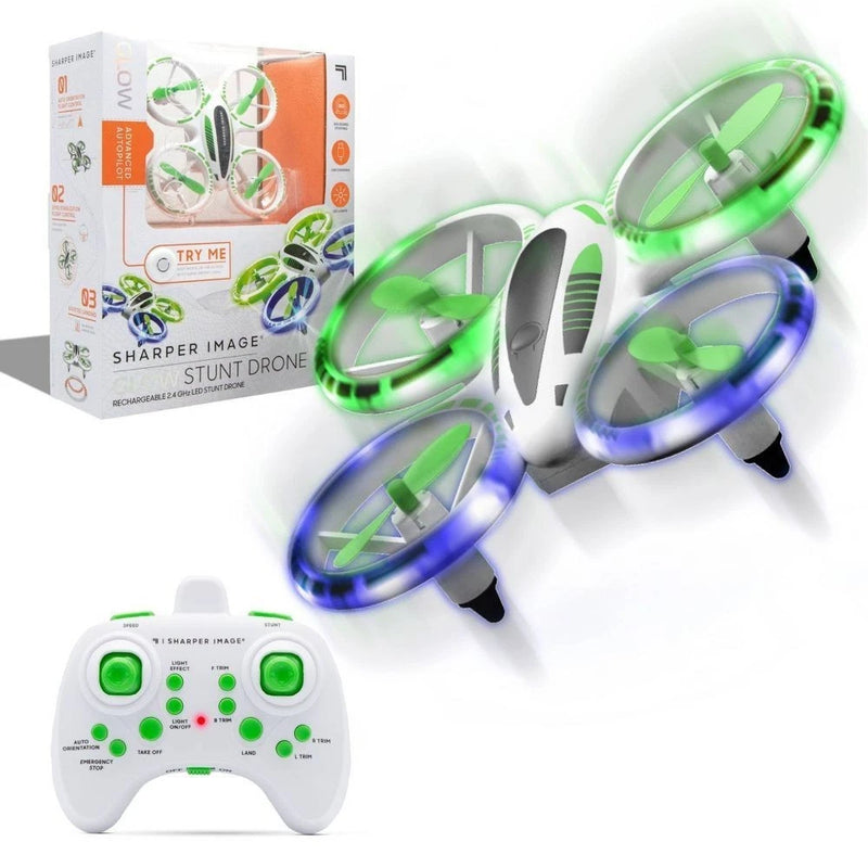 2.4GHz RC glow stunt drone with green and blue LED lights and remote controller, open box