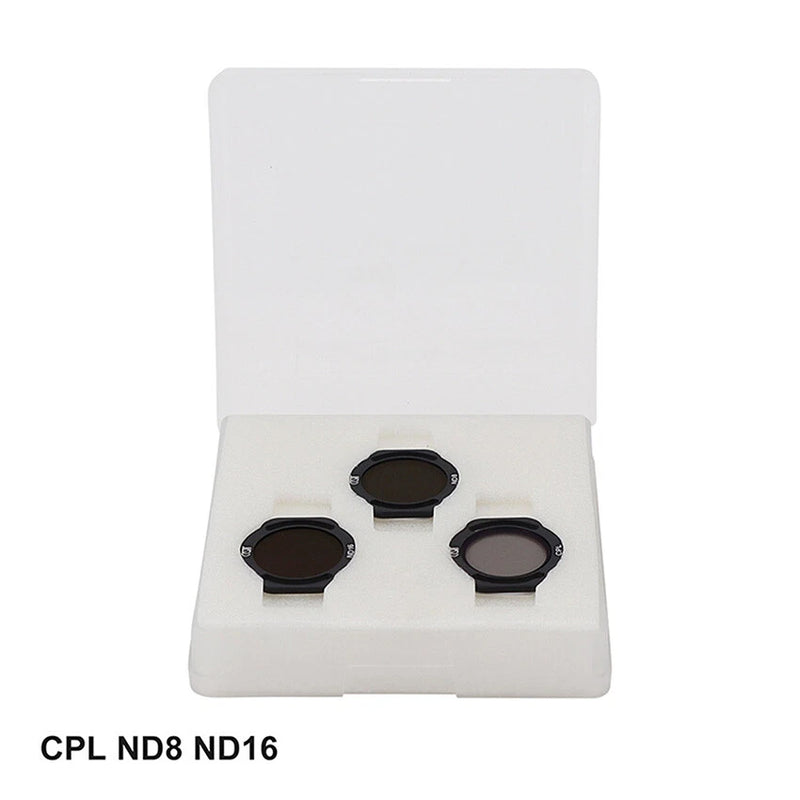 Drone camera filter set with three black circular lenses: CPL ND8 ND16