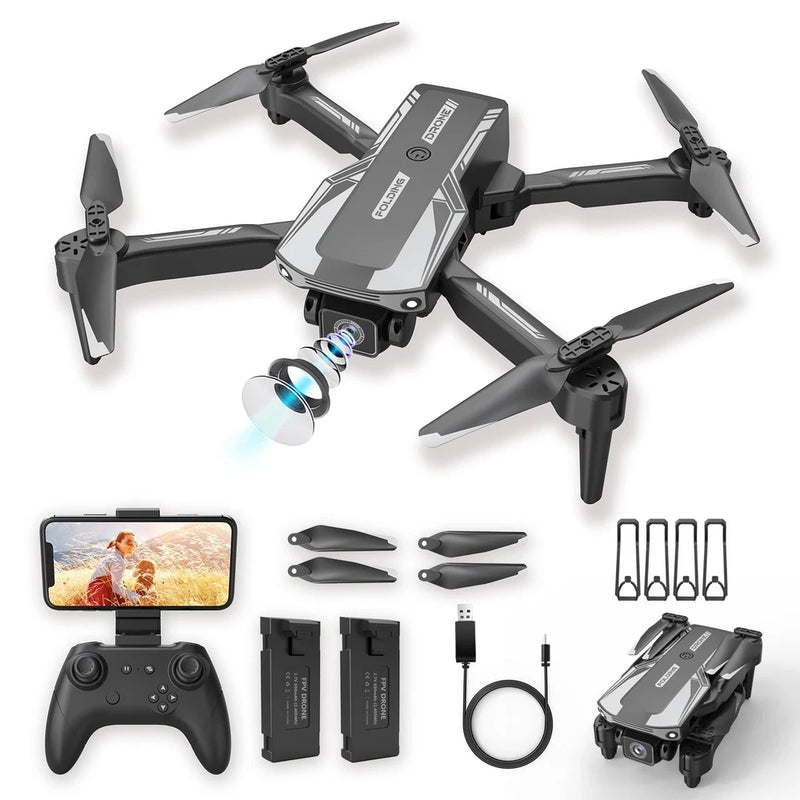 Charcoal foldable HD 1080p kids drone with camera, controller, batteries, and cable