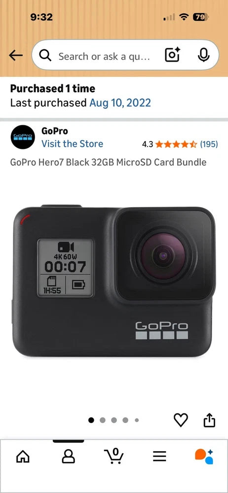 Black GoPro HERO7 action camera with front lens and status screen