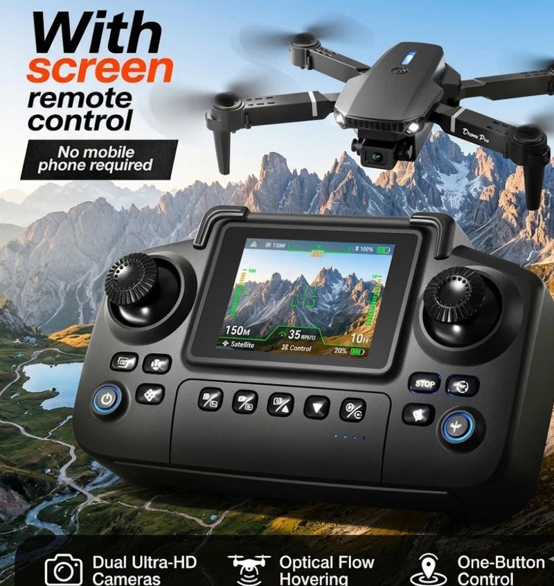 Foldable quadcopter drone with controller screen, joysticks, and buttons