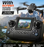 Foldable quadcopter drone with controller screen, joysticks, and buttons