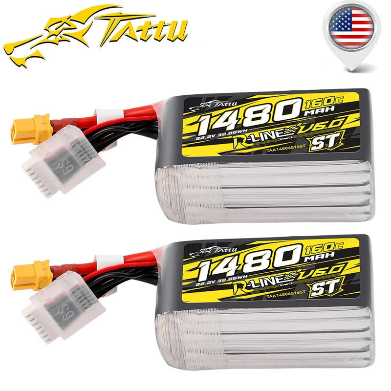 2X Tattu R-Line Version 6.0 1480mAh 160C 6S 22.2V ST Lipo Battery With XT60 Plug Battery