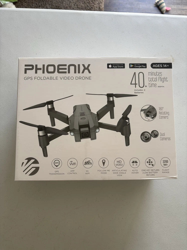 Phoenix GPS portable video drone box with quadcopter illustration and feature icons