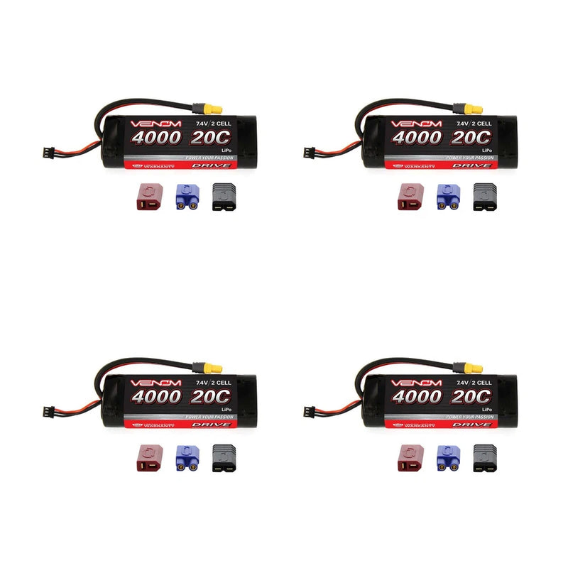 Venom 20C 2S 4000mAh 7.4V Softcase LiPo Battery with Universal Plug x4 Packs