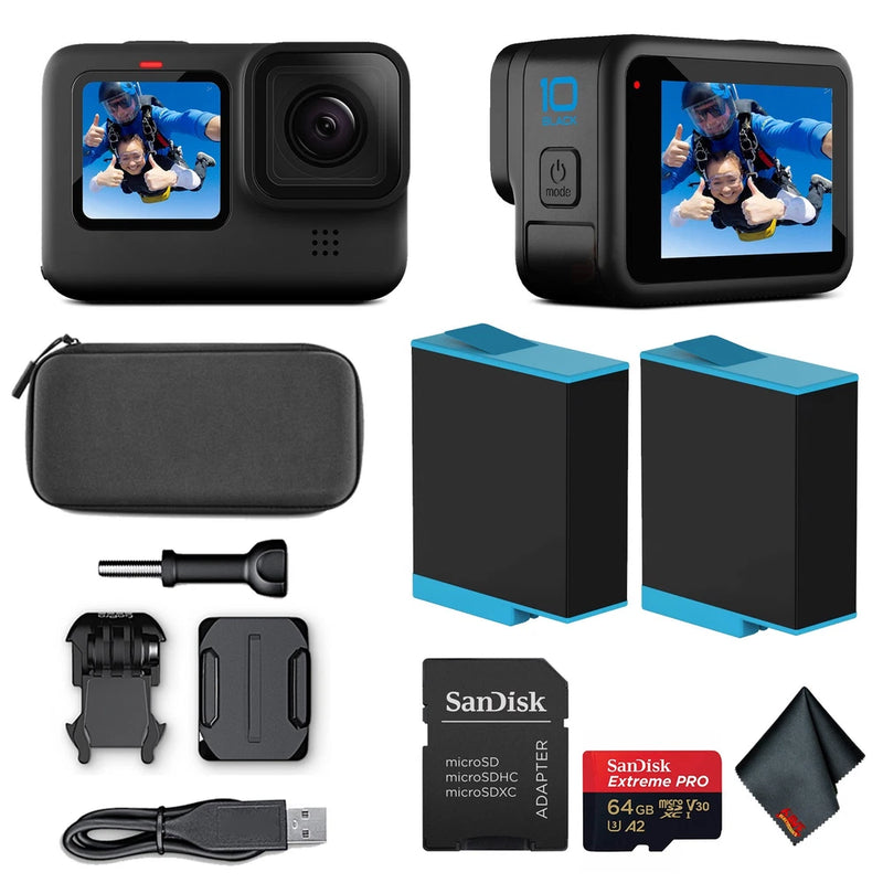 Black waterproof action camera with front LCD, plus case, mounts, cable, and SanDisk microSD card