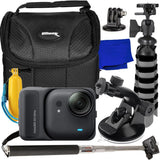 Black action camera accessory bundle: zip case, camera, mounts, tripod, cloth, cleaning tool