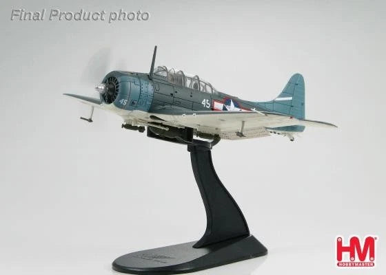 Hobbymaster SBD-5 Dauntless aircraft model on black display stand, blue-gray finish