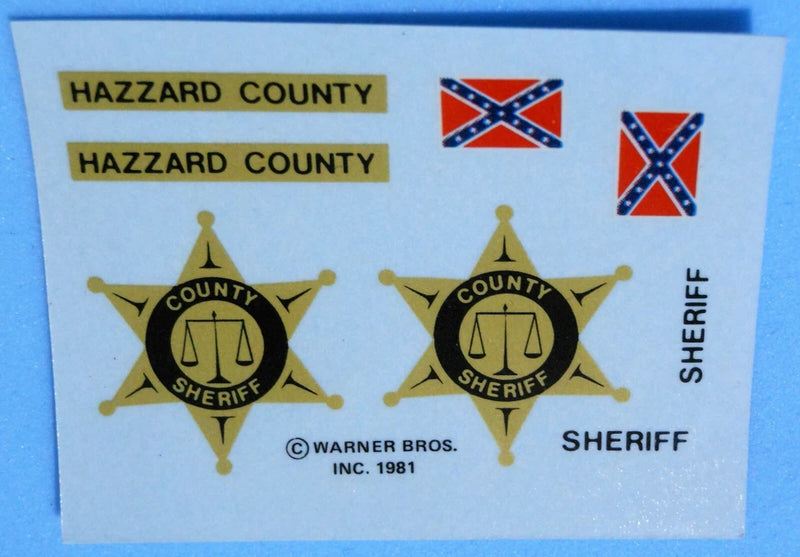Vintage decal sheet with Hazard County text and sheriff badge emblems, Warner Bros ©1981