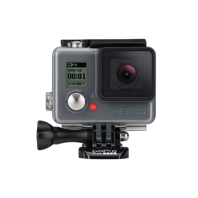 GoPro HERO+ action camera with front lens, red status light, and mounting base