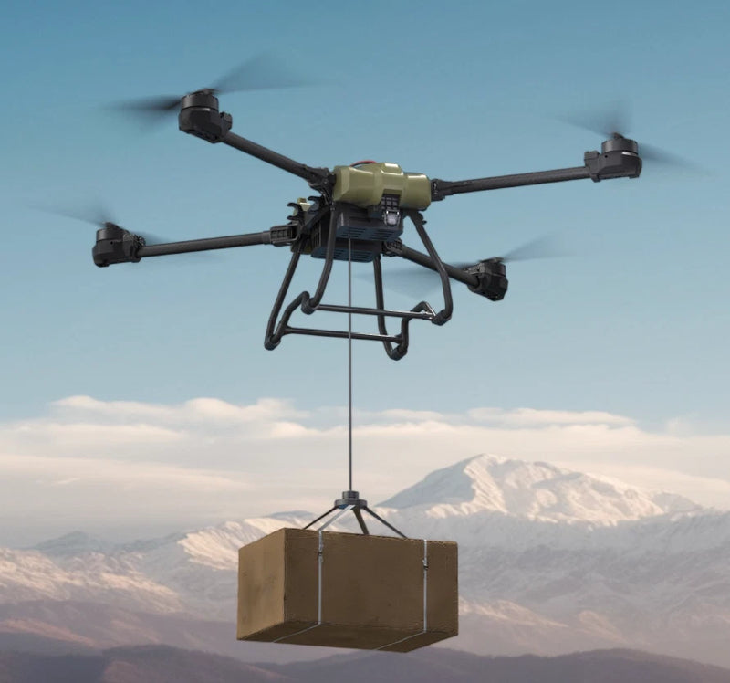 Heavy lift drone with winch and hook, carrying two suspended crates