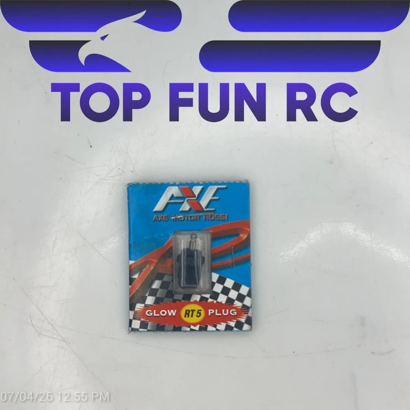 Axe Motor Rossi RT5 glow plug in blue retail box with checkered graphics