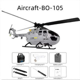 Gray RC helicopter with black rotor blades and landing skids, BO-105 style body