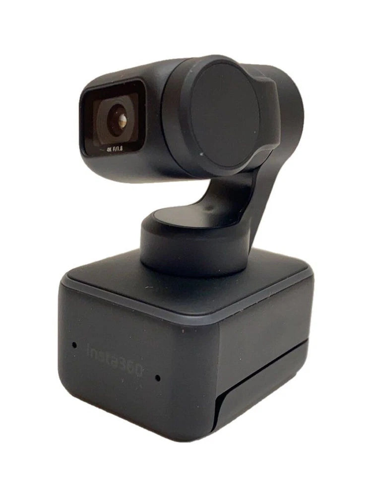 Used Insta360 360 camcorder with black body and front lens, on stand base