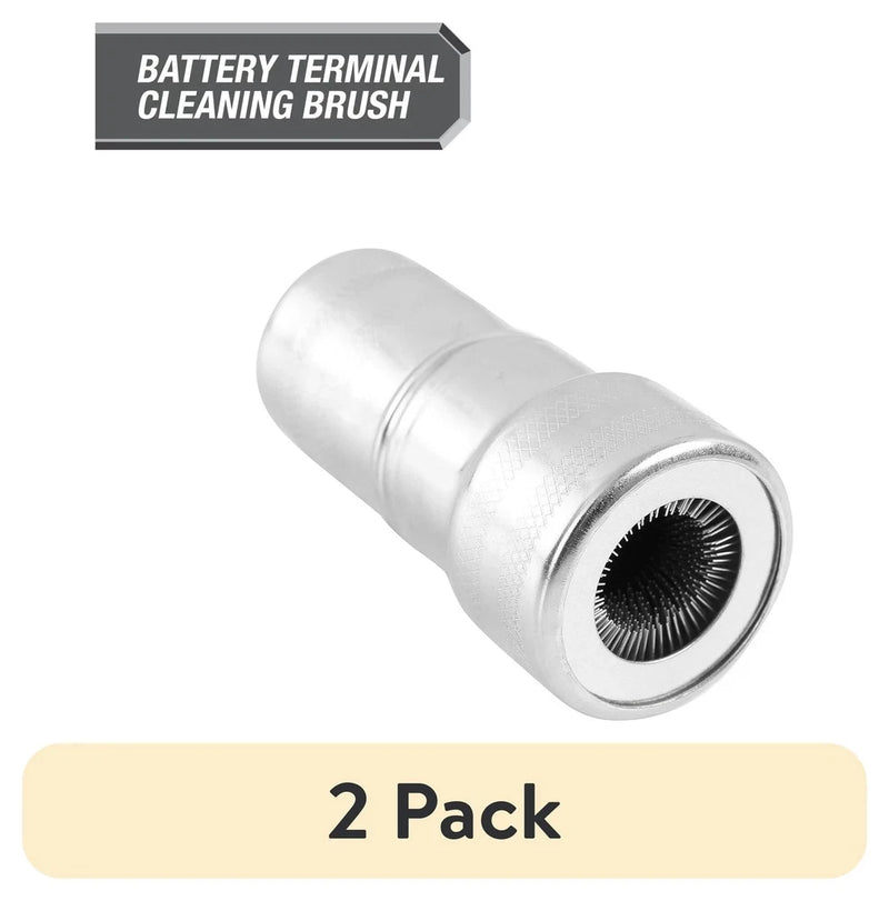 Battery terminal cleaning brush, 2-pack; silver cylindrical tool with circular bristle head