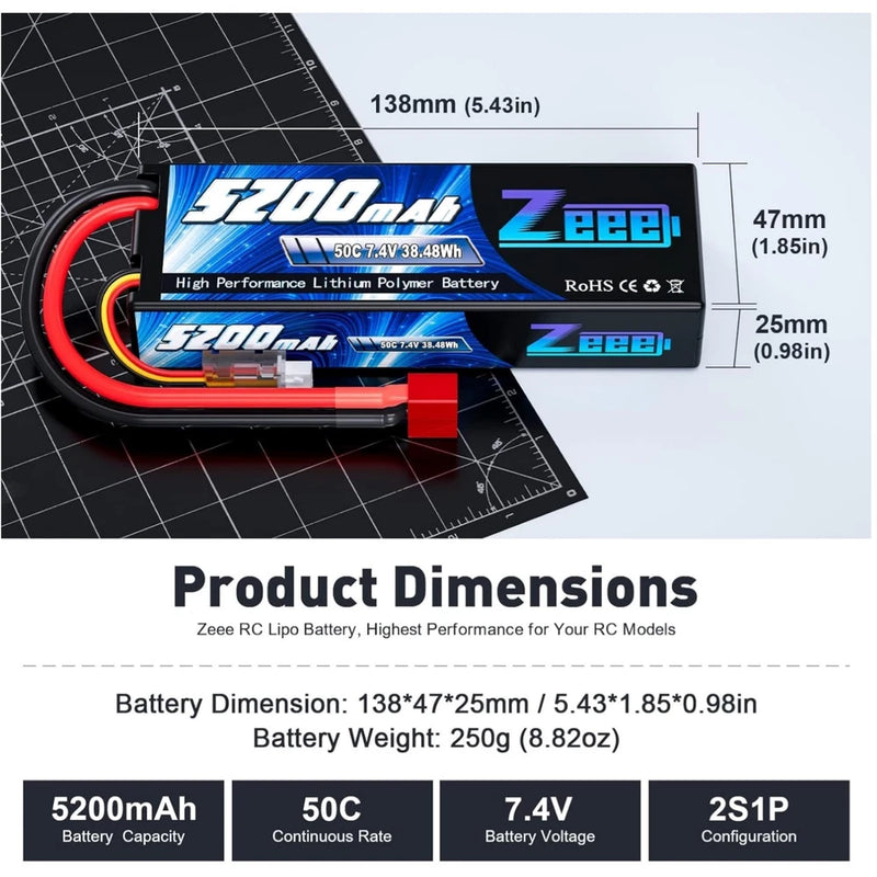 7.4V 5200mAh Lipo Battery 2S 50C for RC Car Trucks