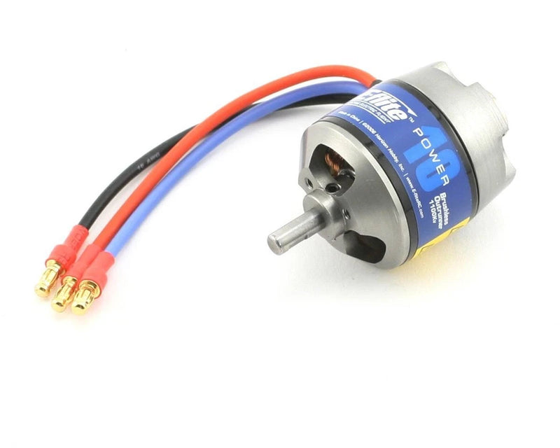 Brushless outrunner motor with shaft and blue label, orange and blue wire leads