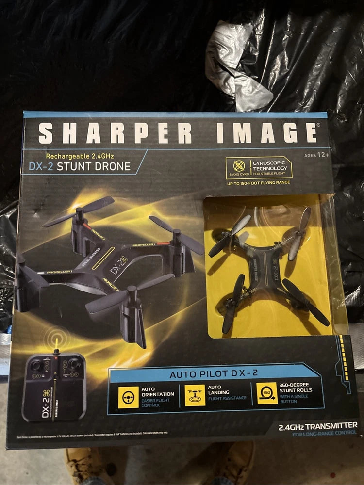 Rechargeable DX-2 stunt drone retail box with 2.4 GHz transmitter and auto-pilot features