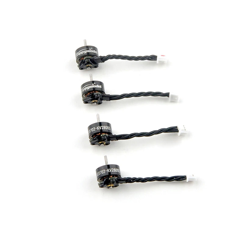 FPV brushless motor set with black wires and white JST connectors, four-pack