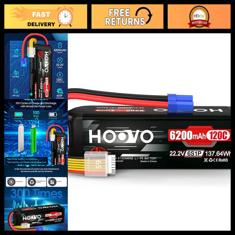 6S LiPo Battery 22.2V 6200mAh 120C EC5 Plug Softcase for RC Vehicles & Drones Battery