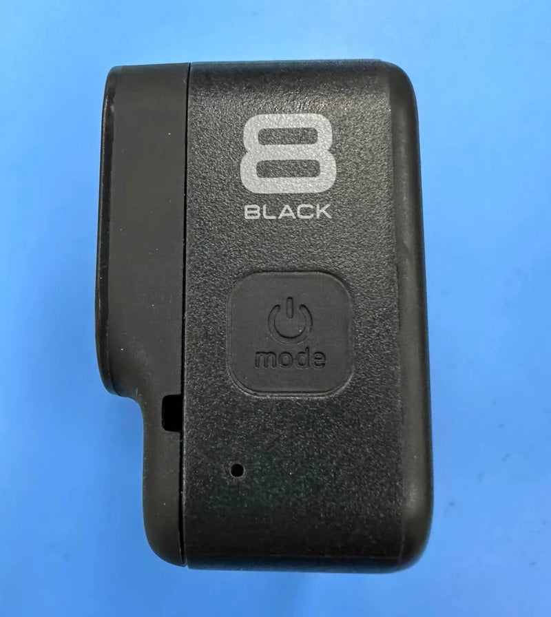 GoPro Hero8 action camera body, black with power and mode buttons and 8 BLACK text