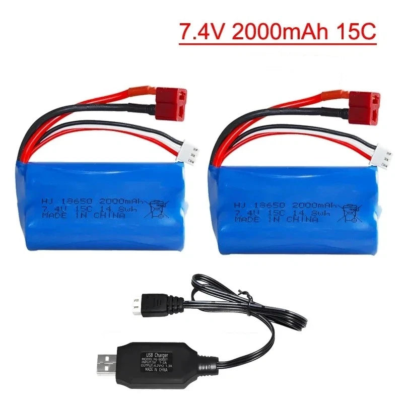 2Pcs 2S Li-ion Battery 2000mAh 7.4V Battery T Plug with 7.4V Battery Charger
