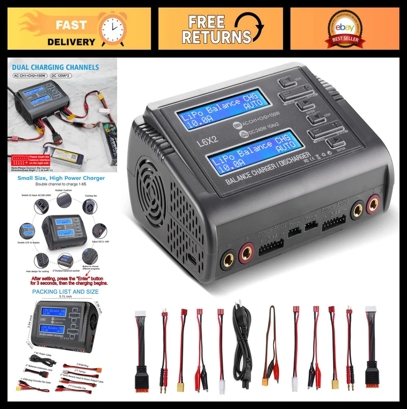 Dual 10A LiPo Battery Charger & Discharger - Fast Balance for RC Models Battery