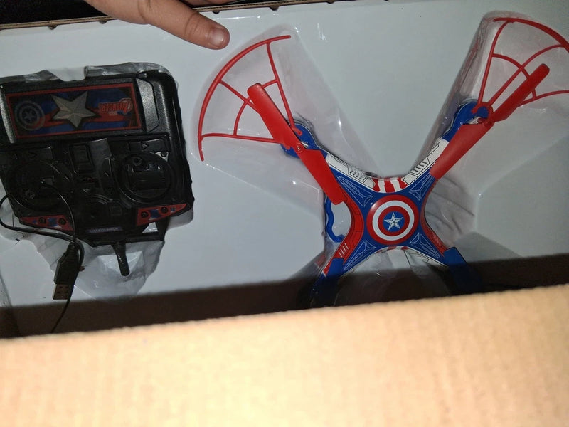 Micro RC drone with Captain America shield emblem and red blue propeller arms